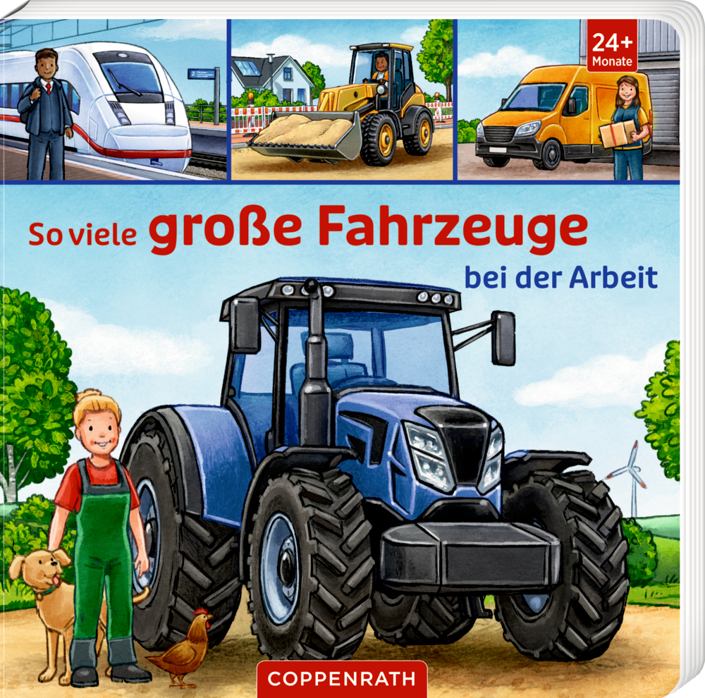 Große Fahrzeuge: Zug, Bulldozer, Van, Traktor. Ein Landwirt steht daneben von Tieren umgeben.