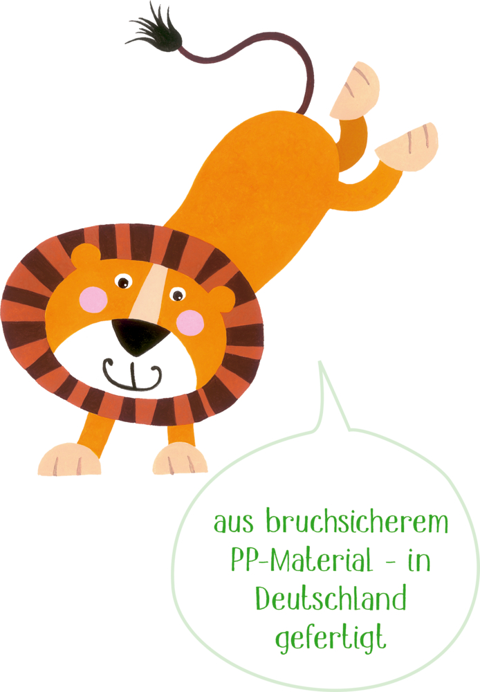 Cartoon-Löwe mit gestreifter Mähne: „Sicheres PP-Material, hergestellt in Deutschland!“.