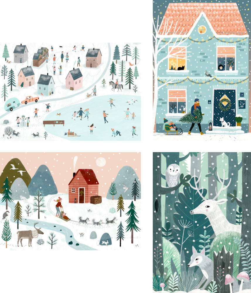 Vier skurrile Winterlandschaften mit Schnee, Häusern, Tieren und Menschen, die die Natur genießen.