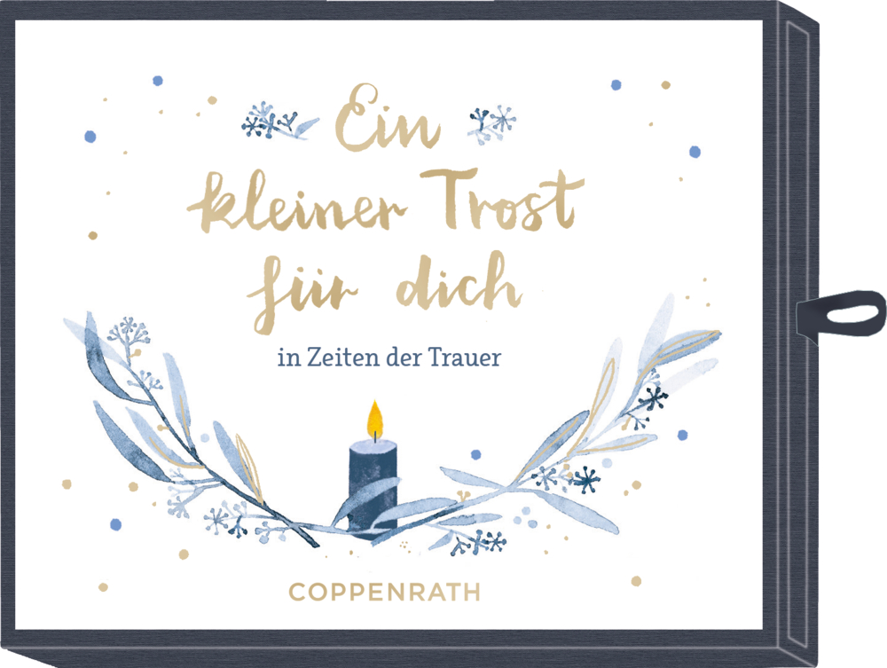 Schachtel mit Blumenmotiv und Kerze, darauf: Ein kleiner Trost für dich in Zeiten der Trauer.