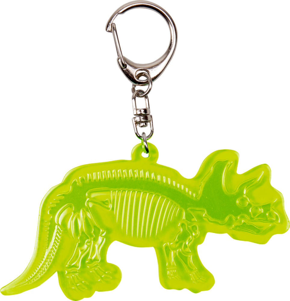 Grüner Triceratops-Schlüsselanhänger aus Kunststoff mit silbernem Metallring und Verschluss.