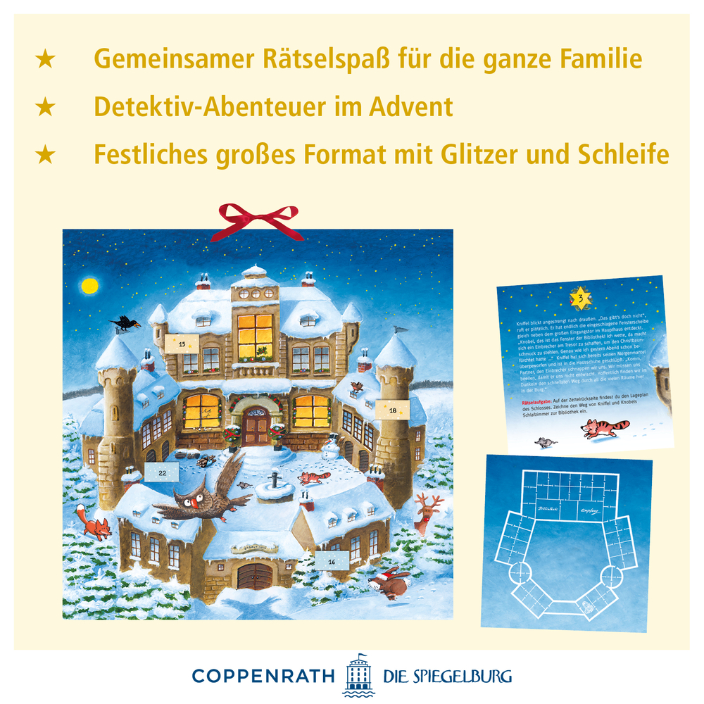 Großer Adventskalender mit Schlossmotiv in verschneiter Landschaft, kleinen Tieren im Schnee und einer roten Schleifen zum Aufhängen.