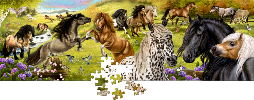 Breites Puzzle mit lebhaft illustrierter Pferdezene. Im unteren Tel werden einige Teile herausgelöst und herumliegend dargestellt.