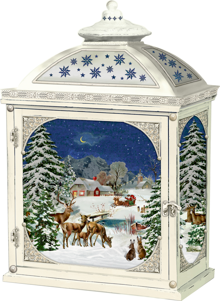 Weiße Laterne mit blauen Sternen, zeigt winterliche Schneeszene mit Rehen, Bäumen, Häusern und einem Schlitten.