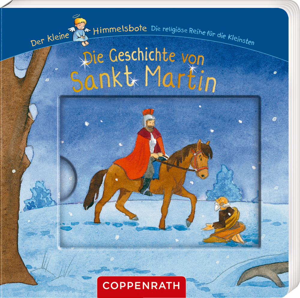 Cover von "Die Geschichten vom Sankt Martin". Der heilige Martin zu Pferd teilt in einer verschneiten Nacht seinen Mantel mit einem Bettler.