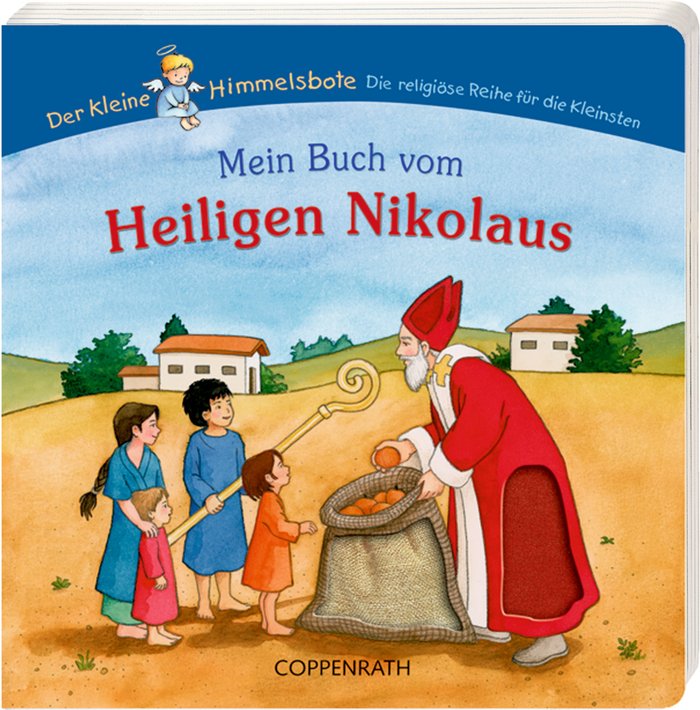 Illustriertes Buchcover: Der Nikolaus beschenkt Kinder im Freien, im Hintergrund sind Häuser zu sehen.