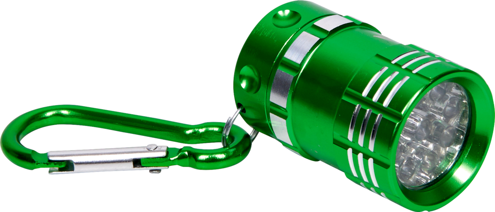 Grüne Taschenlampe mit silbernen Details und Karabinerhaken aus Metall.