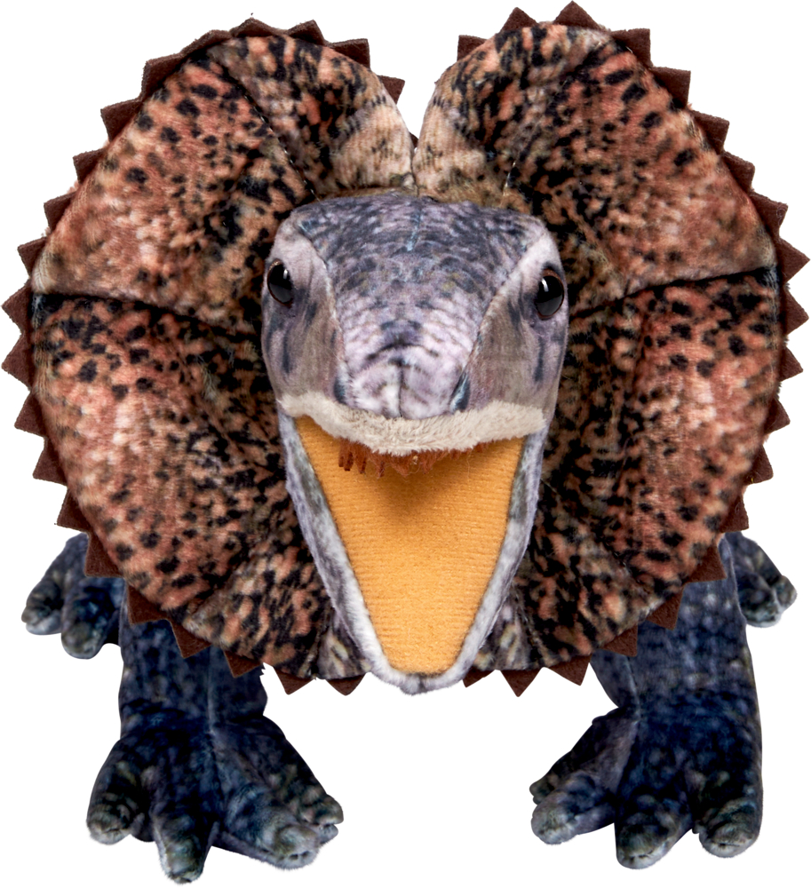 Plüschfigur einer Echse mit braun geflecktem Kragen und geöffnetem Maul in Frontalansicht.