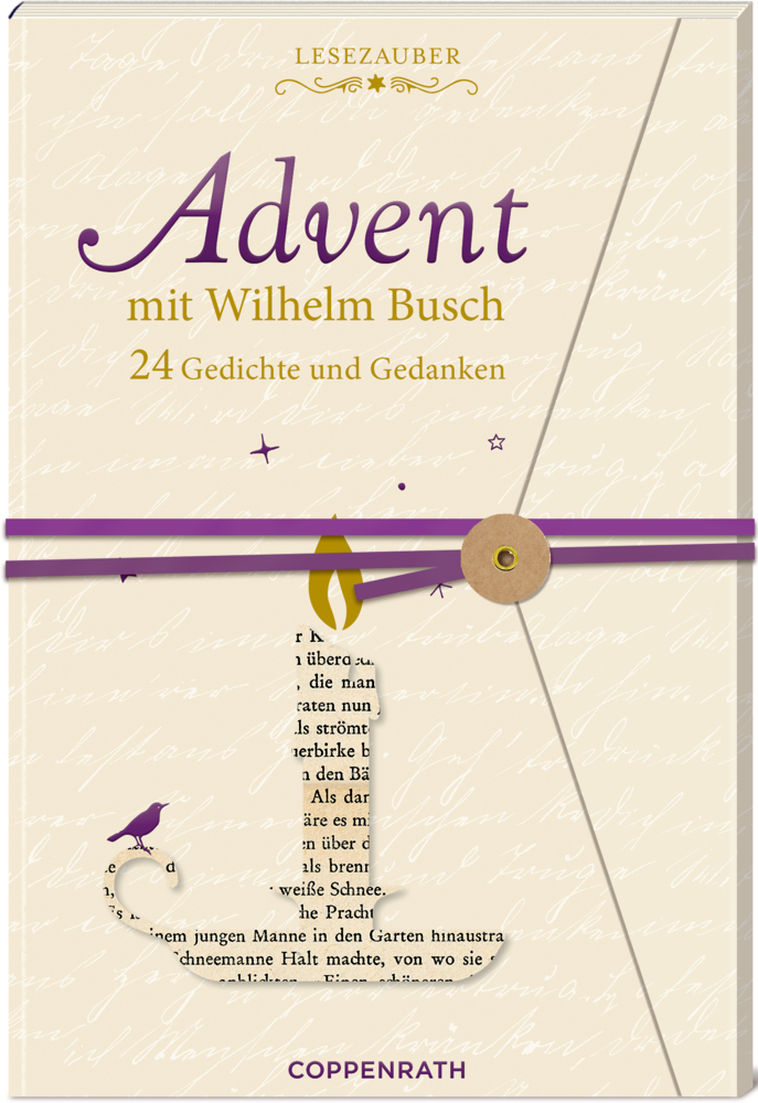 Buchcover von "Advent mit Wilhelm Busch" cremefarbener Hintergrund mit Kerze, lila Band und goldenen Akzenten.