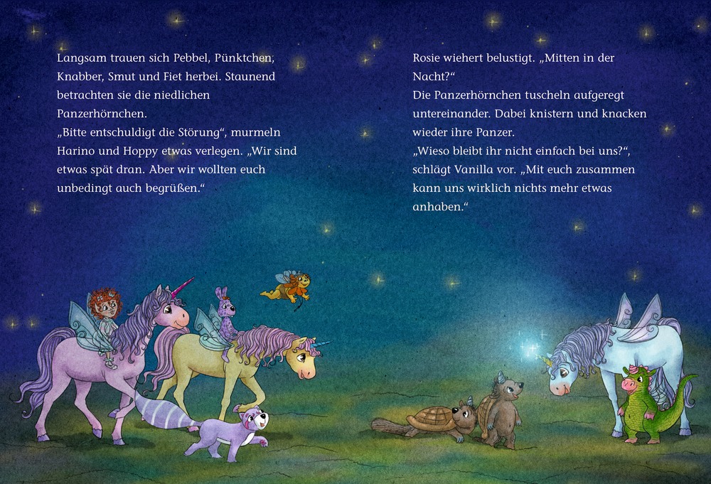 Drei Einhörner und Tiere stehen unter einem Sternenhimmel im Gras und schauen sich neugierig an.