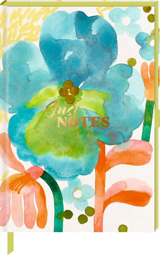 Aquarell-Notizbuch mit goldener Aufschrift Just NOTES und kräftigen blauen, grünen und orangenen Blumen.