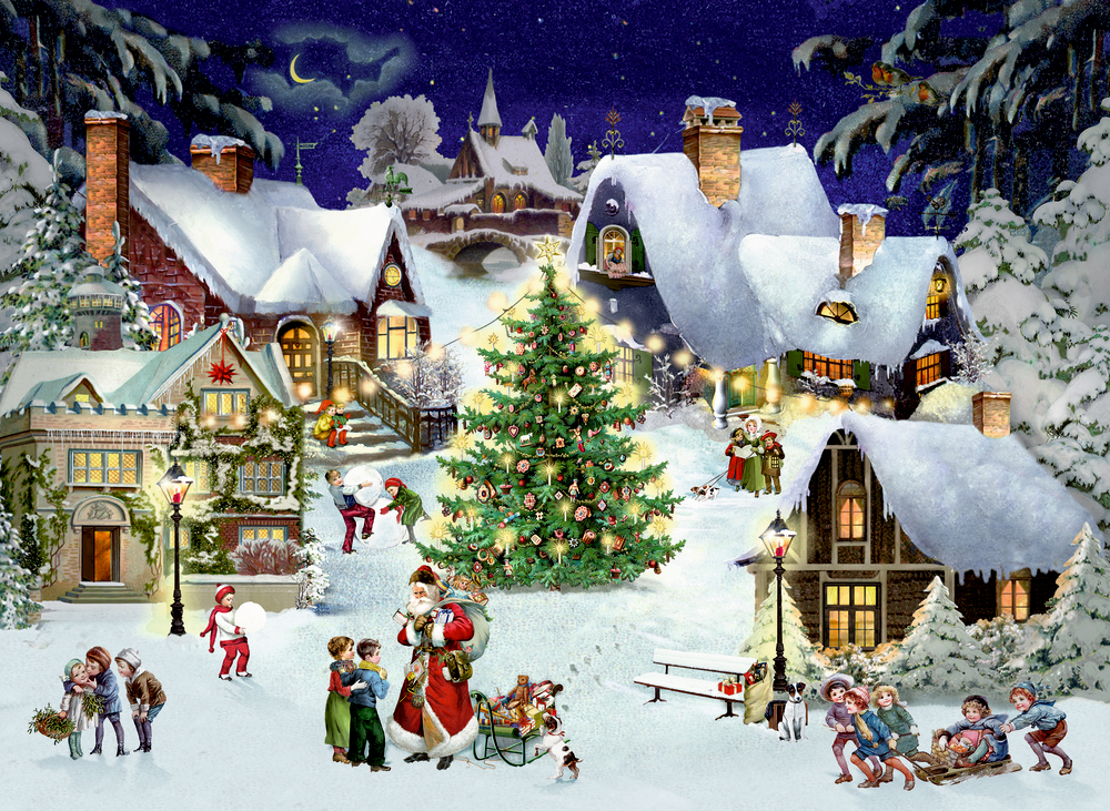 Verschneites Dorf mit Weihnachtsbaum, Weihnachtsmann, spielenden Kindern und Familien bei festlicher Winterstimmung.