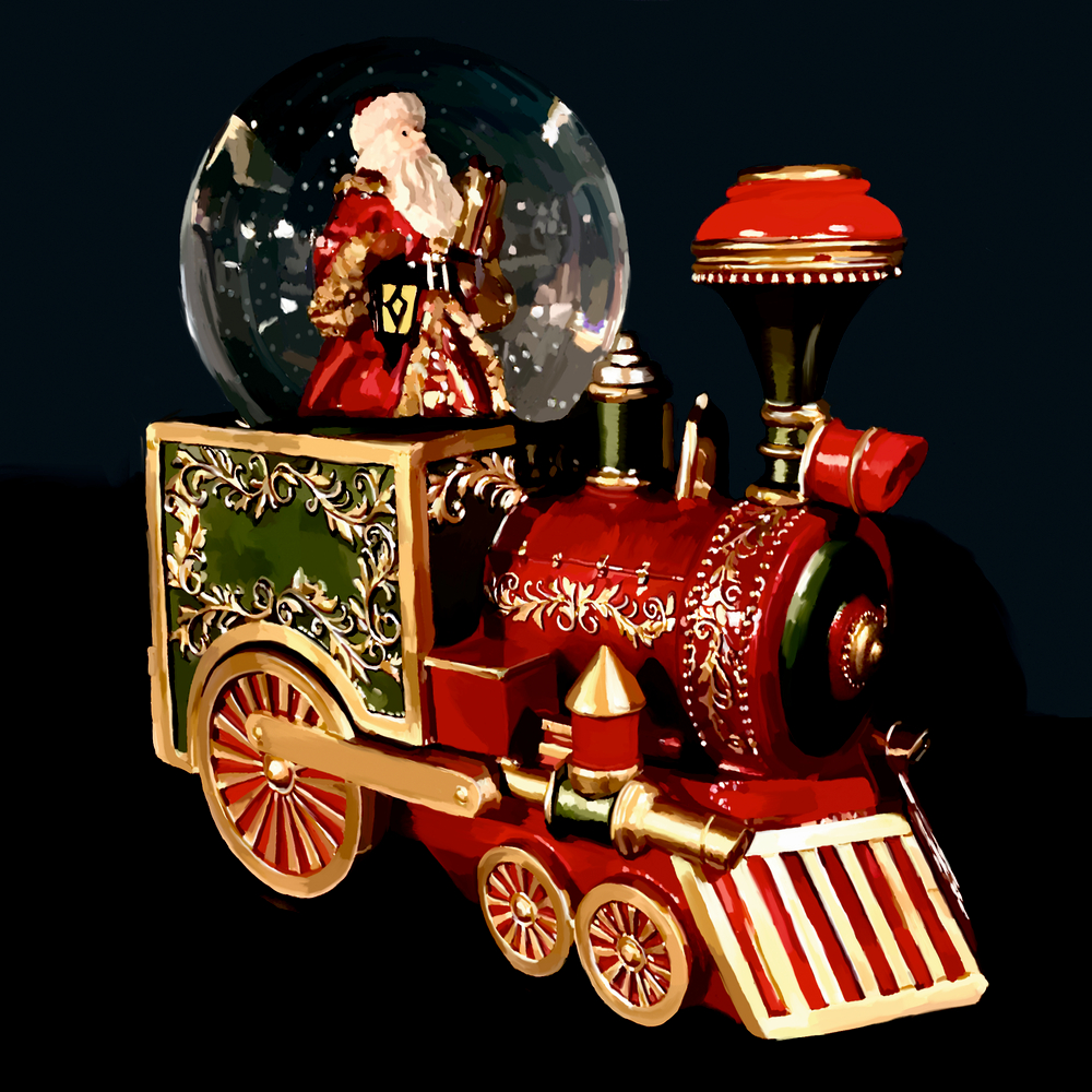 Festliche alte Spielzeugeisenbahn in Rot, Gold und Grün mit einer Schneekugel und einem Weihnachtsmann im inneren