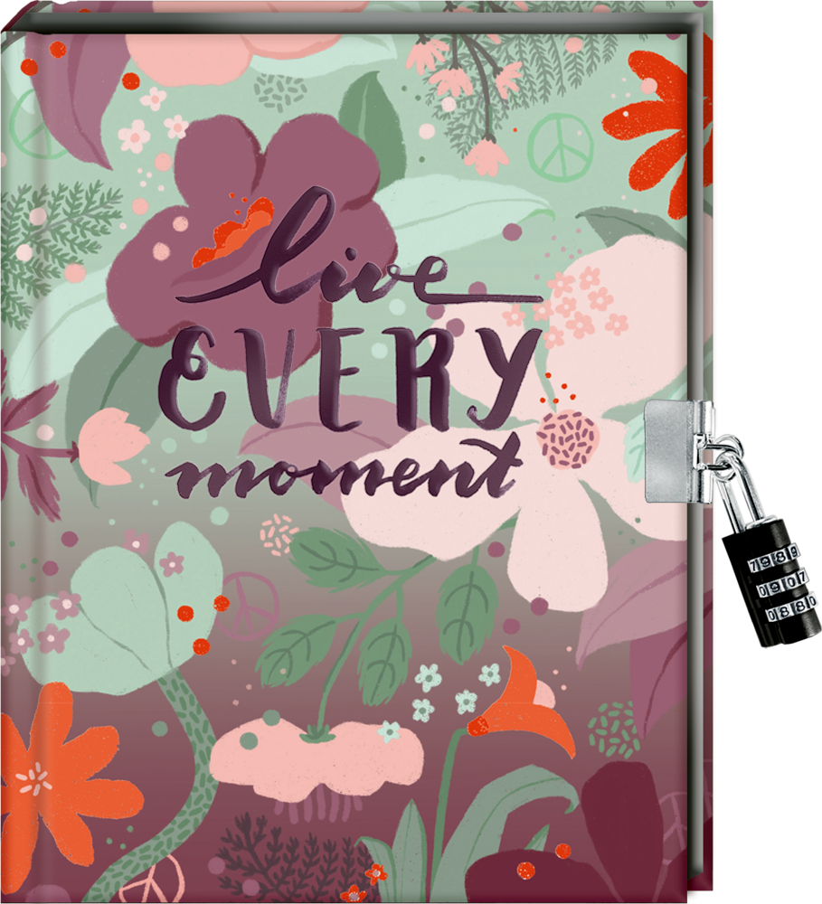 Blumentagebuch mit „Lebe JEDEN Moment“ auf dem Cover und einem kleinen Schloss auf der rechten Seite.