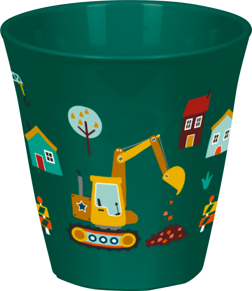 Grüner Becher mit Häuser, Bäumen und einem gelben Bagger.
