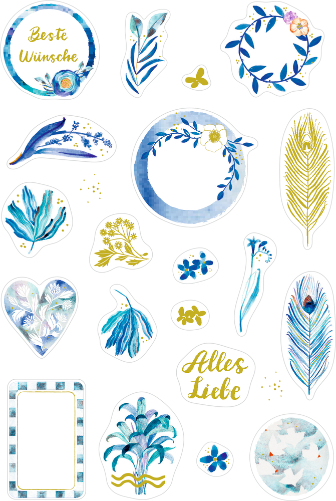 Aufkleber mit deutschen Sprüchen und blauen und goldenen Aquarellblättern, Blumen und geometrischen Formen.