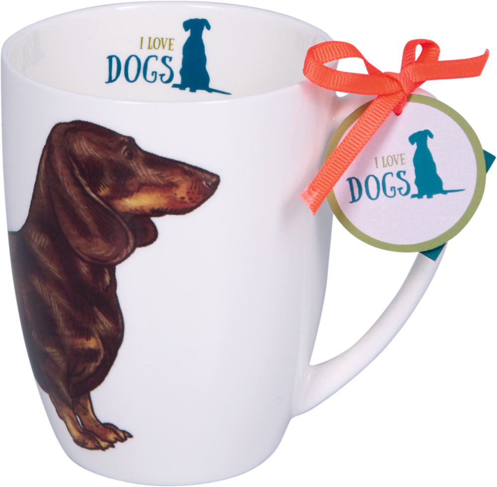 Weiße Tasse mit Dackelmotiv, innen Aufdruck „I love dogs“, am Henkel Anhänger mit roter Schleife und gleichem Aufdruck.
