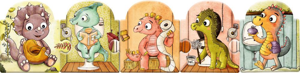 Fünf bunte Dinosaurierkinder als Puzzle aneinander gereiht beim Toilettengang, Toilettenpapier benutzen und Händewaschen.