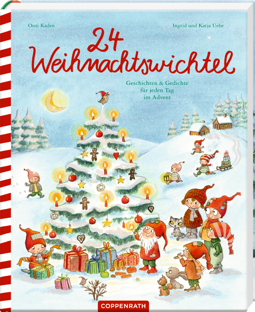 Illustrierte Weihnachtswichtel schmücken einen Baum und verschenken Geschenke im verschneiten Dorf.