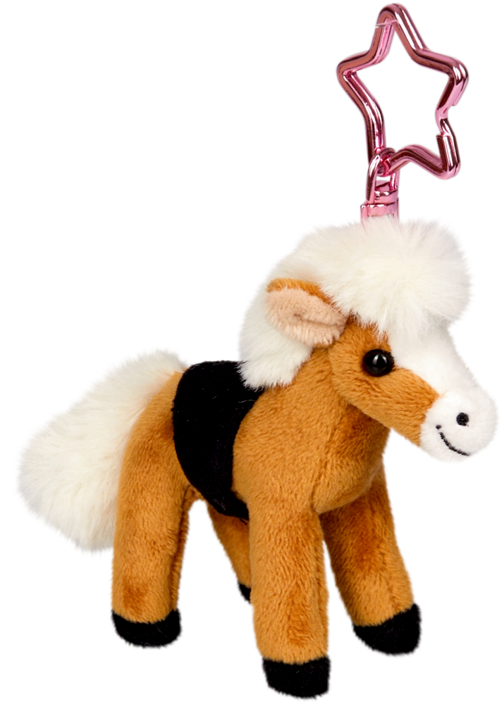 Mittelbrauner Plüschpferd-Schlüsselanhänger mit flauschiger, weißer Mähne und Schweif, braunem Sattel und einer rosa Sternklammer.