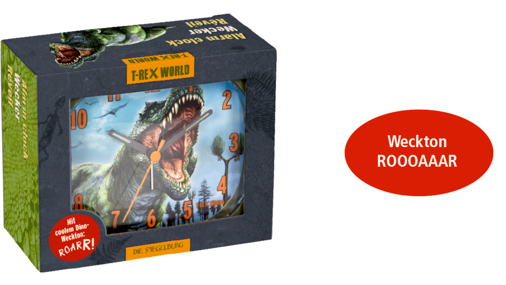 Grüne Schachtel mit Sichtfenster, in dem ein Wecker mit einem brüllenden T-Rex zu sehen ist.