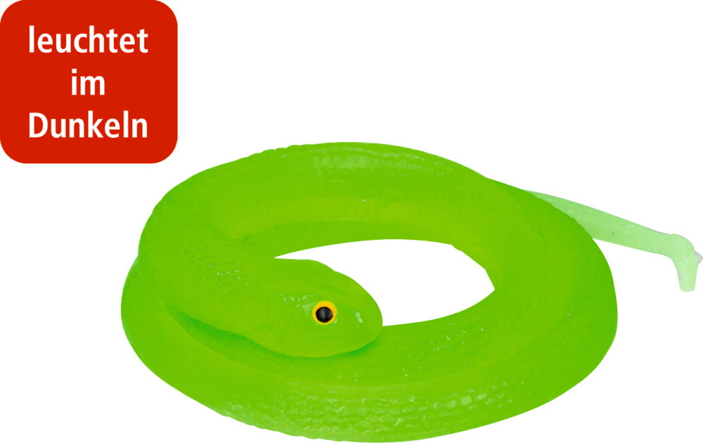 Grüne Kunststoffschlange, zusammengerollt liegend, mit zwarz-gelbem Auge und rotes Textfeld „leuchtet im Dunkeln“.