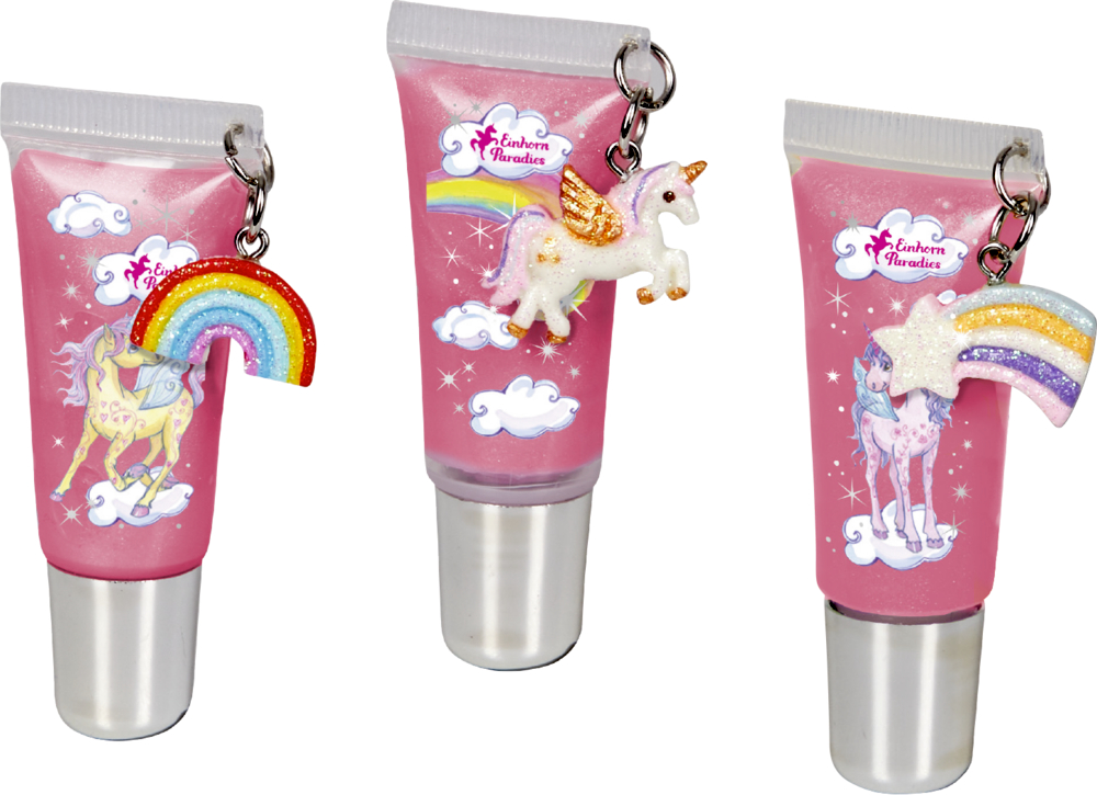 Drei rosa Lipgloss-Tuben mit Einhornmotiv, jede mit einem bunten Anhänger am Deckel.