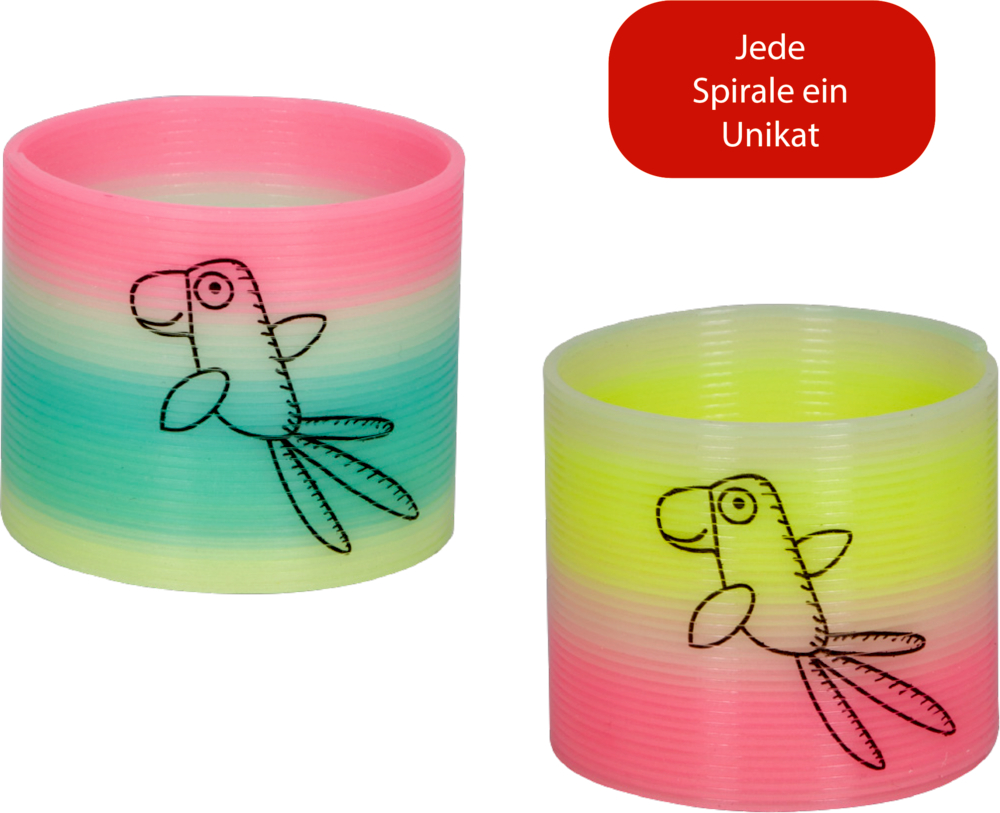 Zwei bunte Kunststoffspiralen mit Papageienmotiv in Farbverläufen aus Rosa, Gelb, Grün und Türkis. Daneben Text "Jede Spirale ein Unikat".