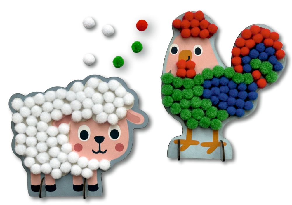 Figuren von Schaf und Hahn aus Karton, mit weißen, roten, grünen und blauen Pompons beklebt.