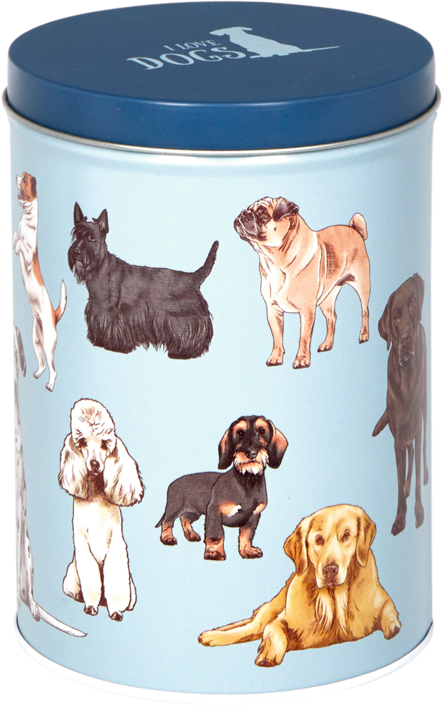 Hellblaue Vorratsdose mit Hunderassenabbildungen an den Seiten und einem blauen Deckel mit einer Hundesilhouette.