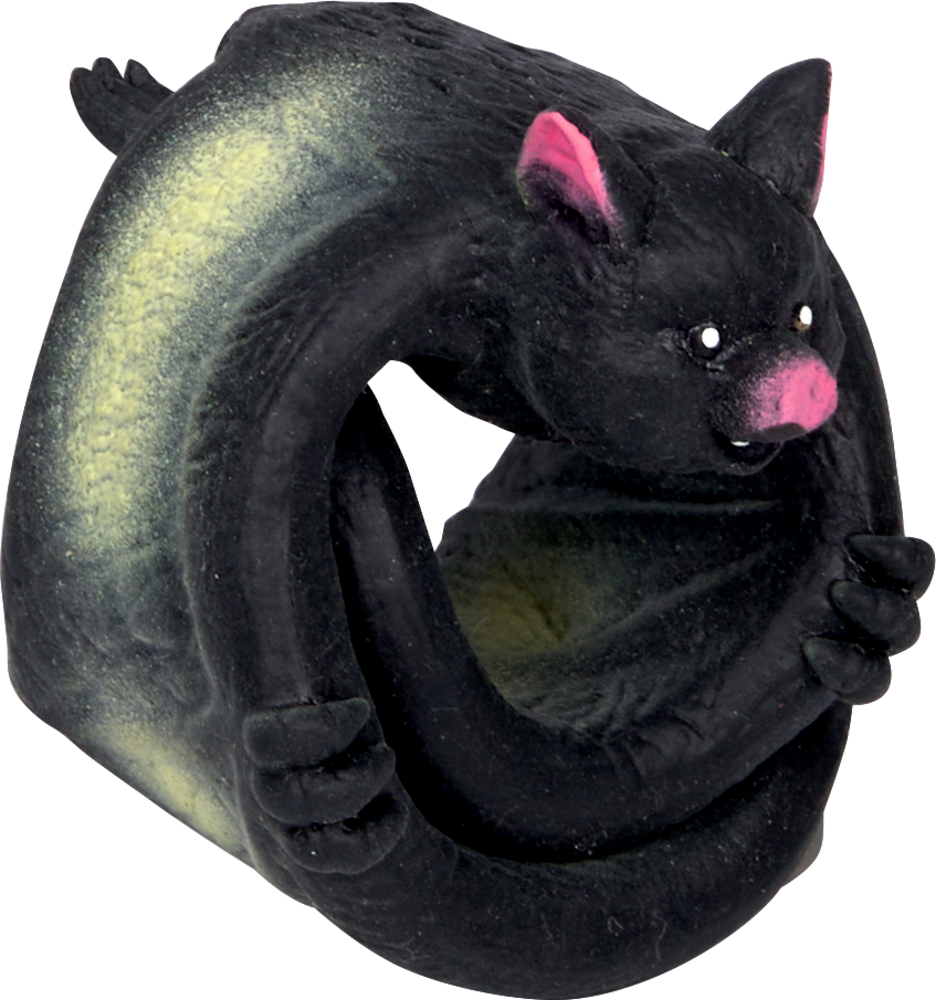 Eingerolltes schwarzes Armband in Form einer Fledermaus mit pinkfarbener Nase und Ohren.