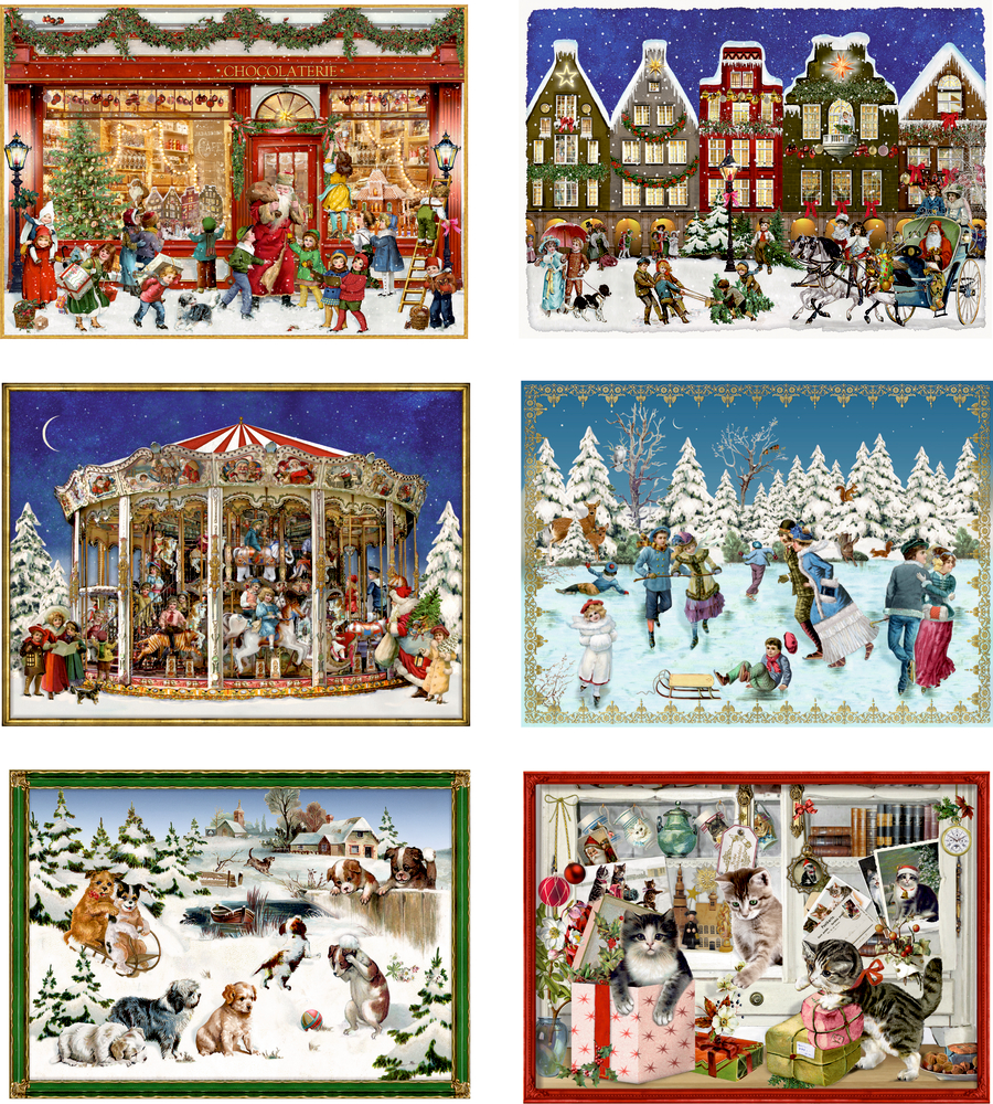 Sechs festliche Winterlandschaften mit Menschen, Tieren, Schlittschuhlaufen, einem Karussell und dekorierten Gebäuden.