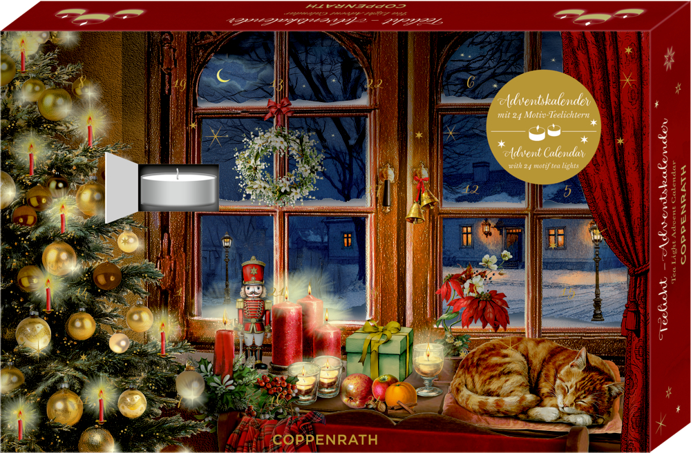 Teelicht-Adventskalender mit winterlicher Fensteransicht, geschmücktem Tannenbaum, Kerzen, Nussknacker, Geschenken und schlafender Katze.