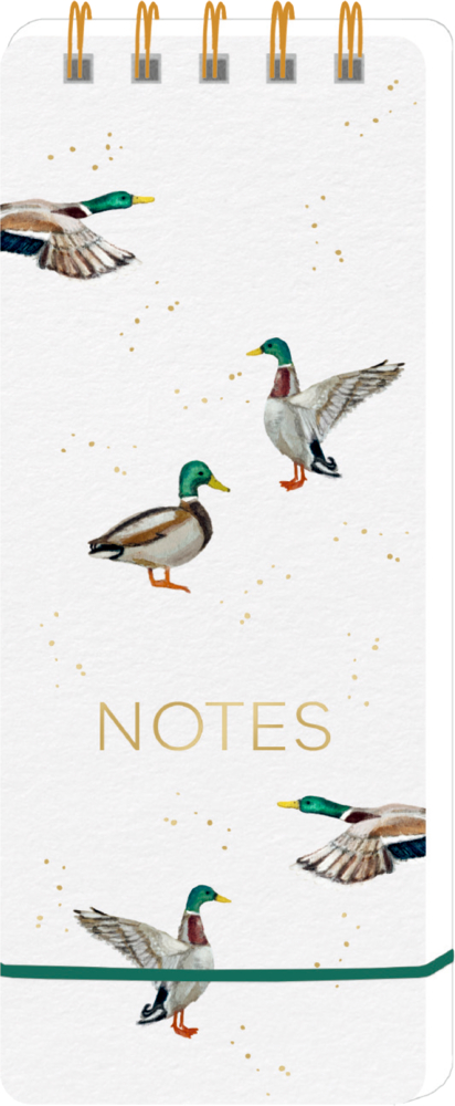 Notizblock mit Spiralbindung, weißem Umschlag, grün-gelben Entenillustrationen und dem Schriftzug „NOTES“ in goldener Schrift.