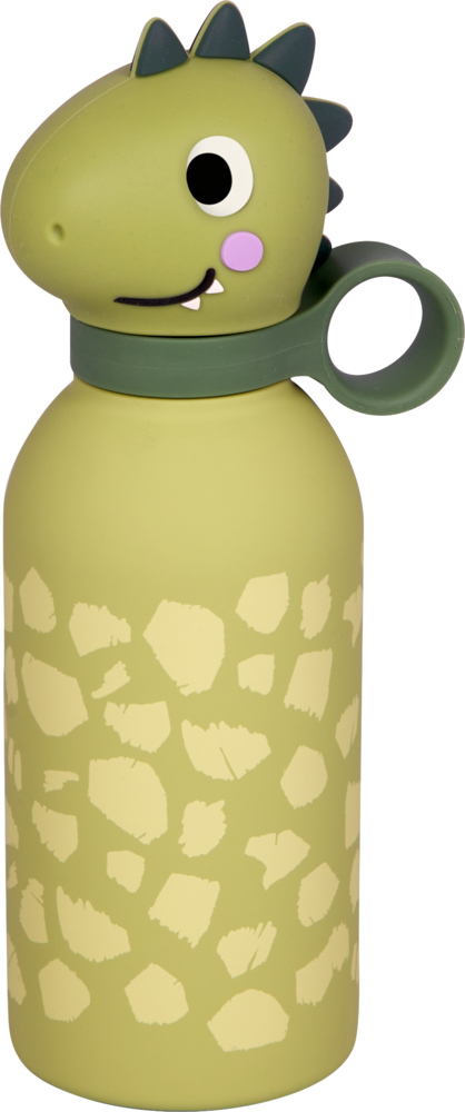 Grüne Trinkflasche mit hellem Fleckenmuster und Verschluss in Form eines Dinosaurierkopfs mit Ringgriff.