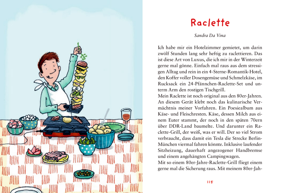 Mann stellt fröhlich Essensspieße an einem Raclette-Tisch mit verschiedenen Zutaten und einem Grill zusammen, auf einer Doppelseite mit Text.