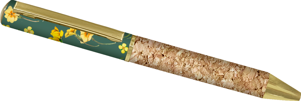 Stift mit Korkstruktur, grüner Kappe mit gelbem Blumenmuster und goldenen Akzenten.