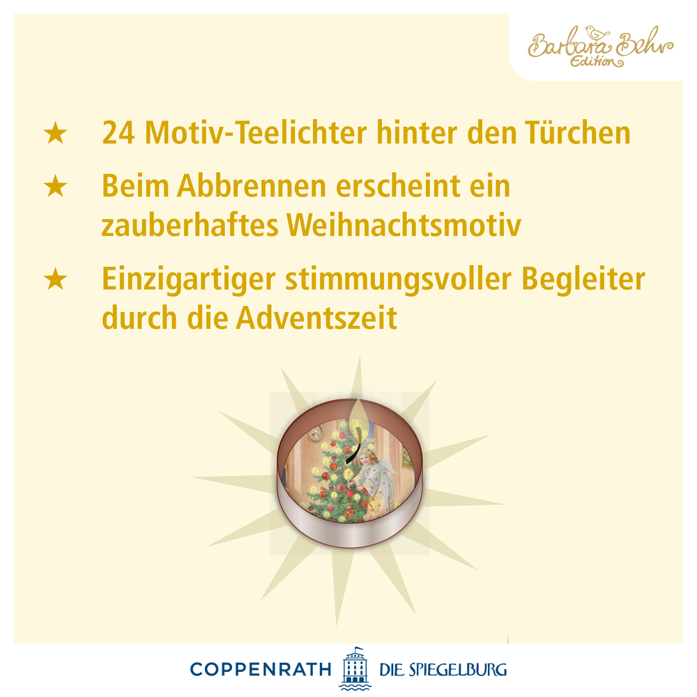Grafik mit Text zu 24 Motiv-Teelichtern und rundem Ausschnitt mit Weihnachtsbaum und Engel.