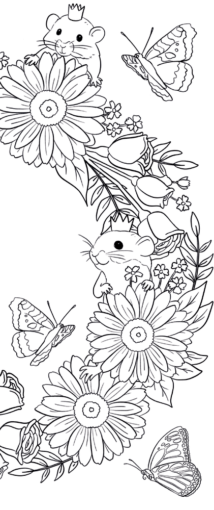 Zwei Mäuse mit Kronen zwischen großen Blumen und Blüten, umgeben von mehreren Schmetterlingen.
