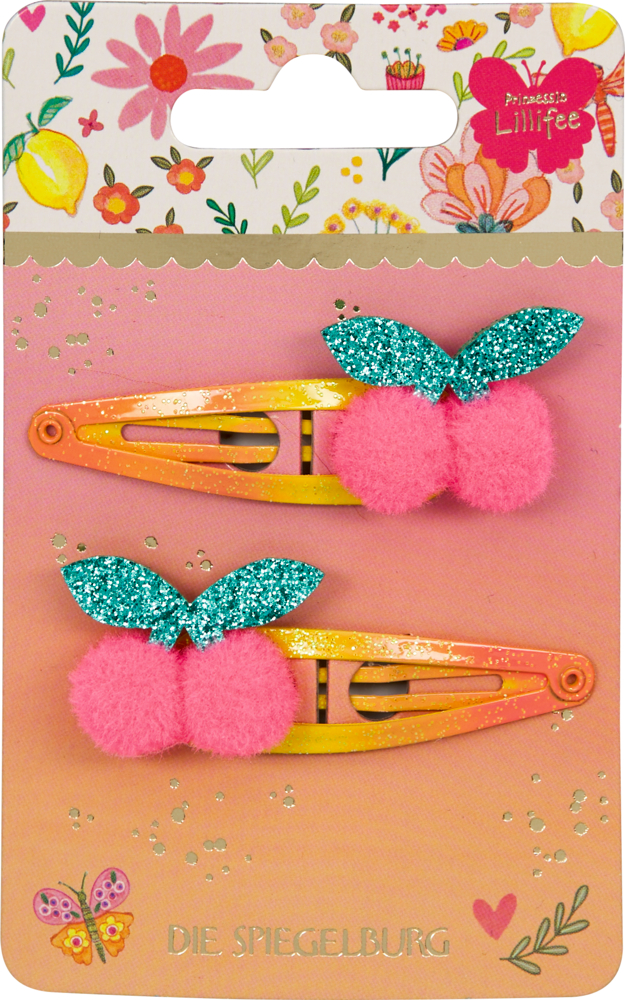 Zwei pinke Pompon-Haarspangen mit glitzernden blauen Blättern auf Karte mit Blumen- und Schmetterlingsmotiv.