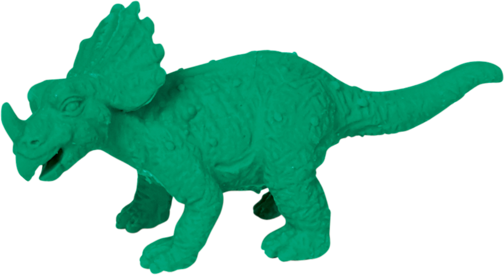 Grüner Triceratops-Dinosaurier mit drei Gesichtshörnern und einem gerüschten Kopf, nach links gerichtet.