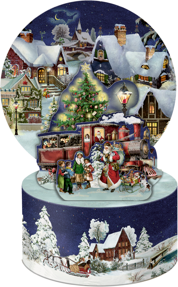 Weihnachtsszene mit Santa Claus, Kindern, geschmücktem Baum, Dampflok und verschneiten Häusern bei Nacht.