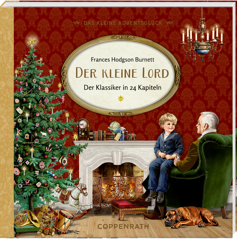 Buchcover mit einem Jungen und ein Ã¤lterer Mann am Kamin neben einem geschmÃ¼ckten Weihnachtsbaum in einem nostalgischen Wohnzimmer.