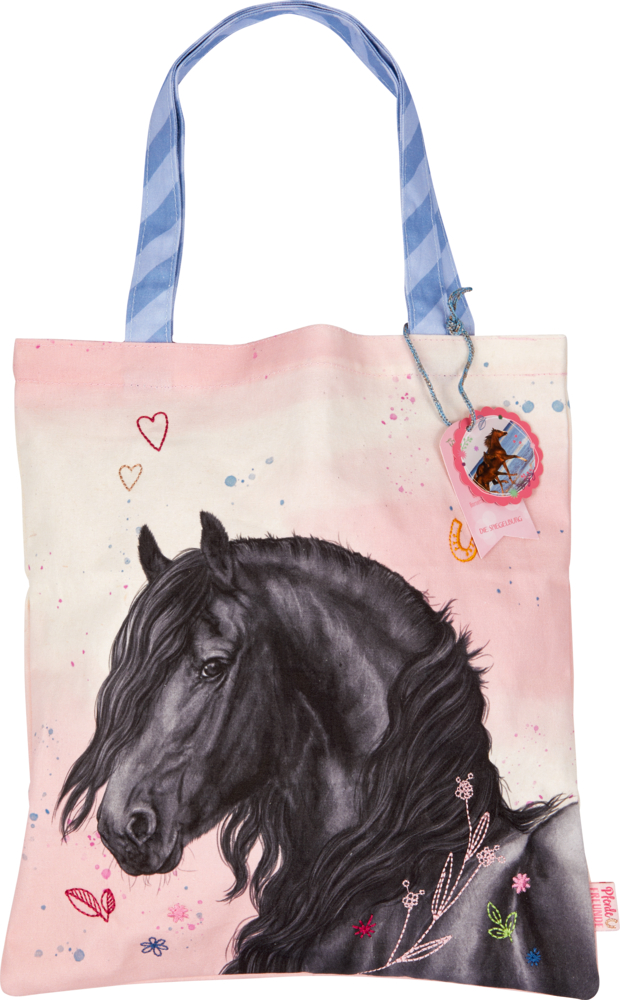 Tragetasche mit einem schwarzen Pferd auf rosa Hintergrund, blau gestreiften Griffen und kleinen bunten Akzenten.
