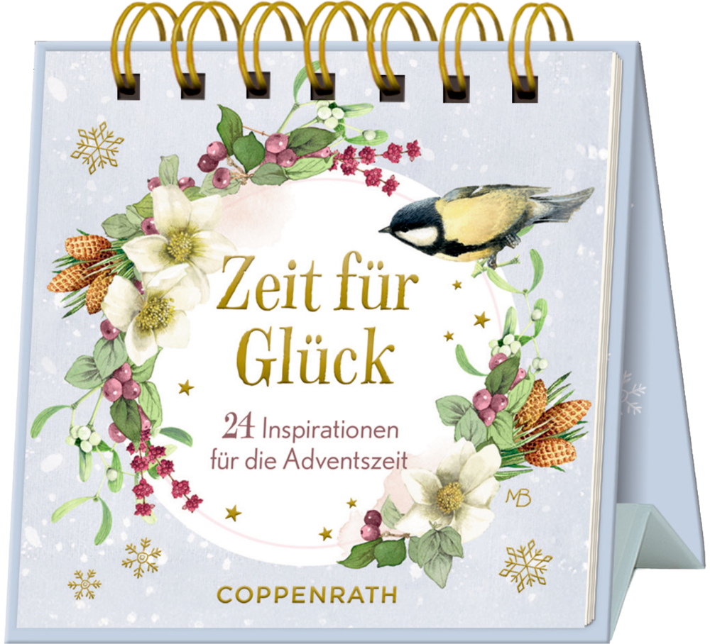 Aufstellkalender mit floralem Kranz, Vogel und Text „Zeit für Glück – 24 Inspirationen für die Adventszeit“.