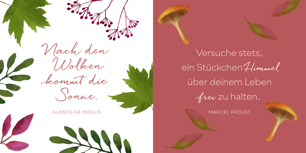 Zweiteilige Grafik mit Sprüchen, umgeben von bunten Blättern und Pilzen auf weißem und rosafarbenem Hintergrund.