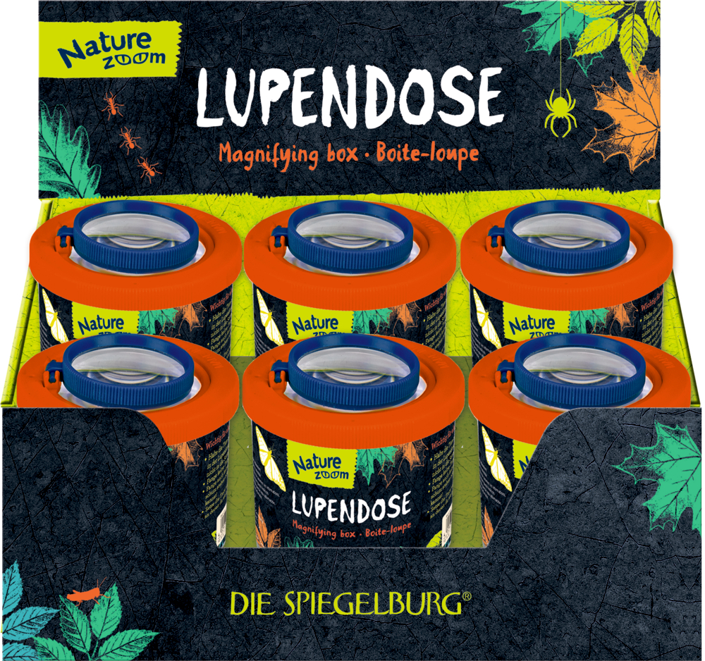 Sechs Lupendosen mit orangefarbenen Deckeln in einem blattverzierten Display mit einer gelben Spinne.