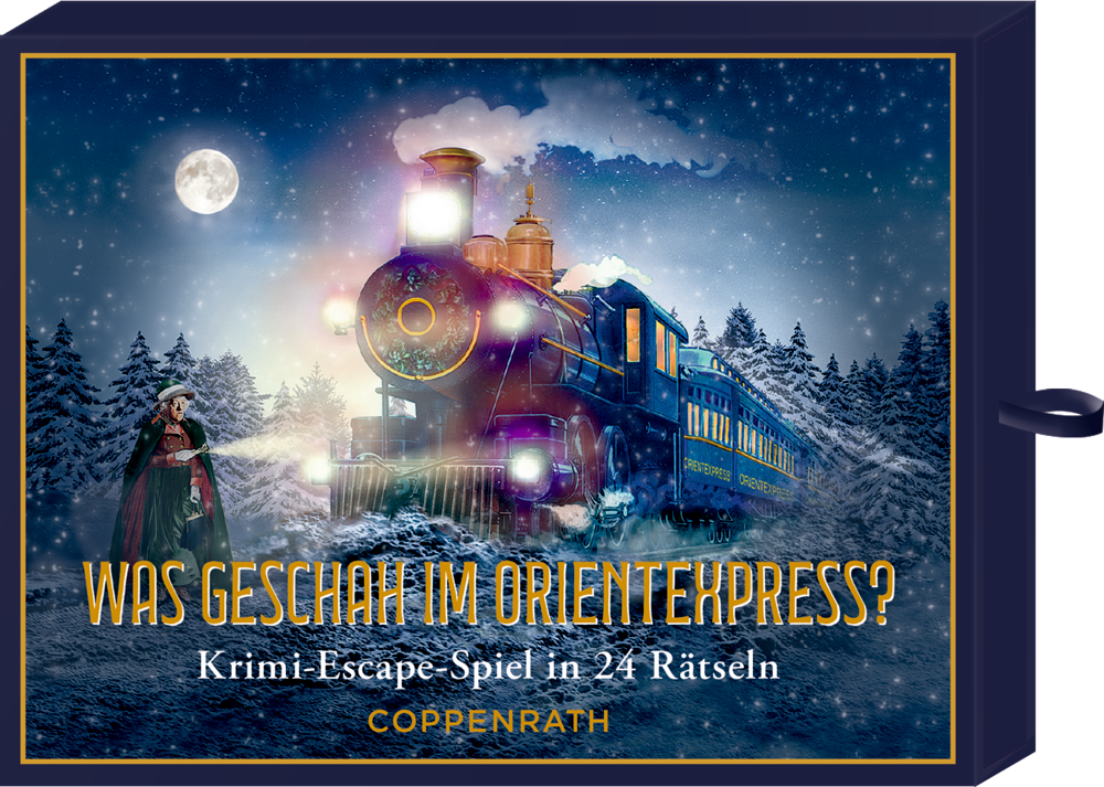 Auf einer Box ist ein Dampfzug der durch die verschneite Nacht fährt abgebildet, eine Frau steht daneben, der Titel lautet: Was geschah im Orientexpress?.