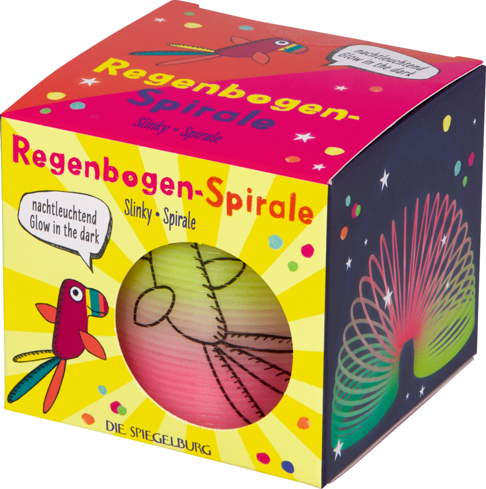 Bunte Verpackung mit transparenter Öffnung, darin eine mehrfarbige Spirale mit Papageienmotiv und Aufdruck „Regenbogen-Spirale“.