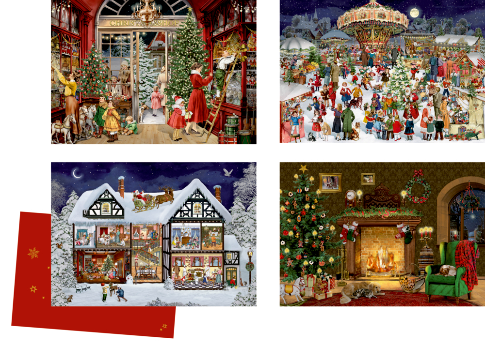Vier weihnachtliche Illustrationen mit geschmücktem Baum, festlicher Deko, Menschen, Schnee und einem Kaminzimmer mit Geschenken.